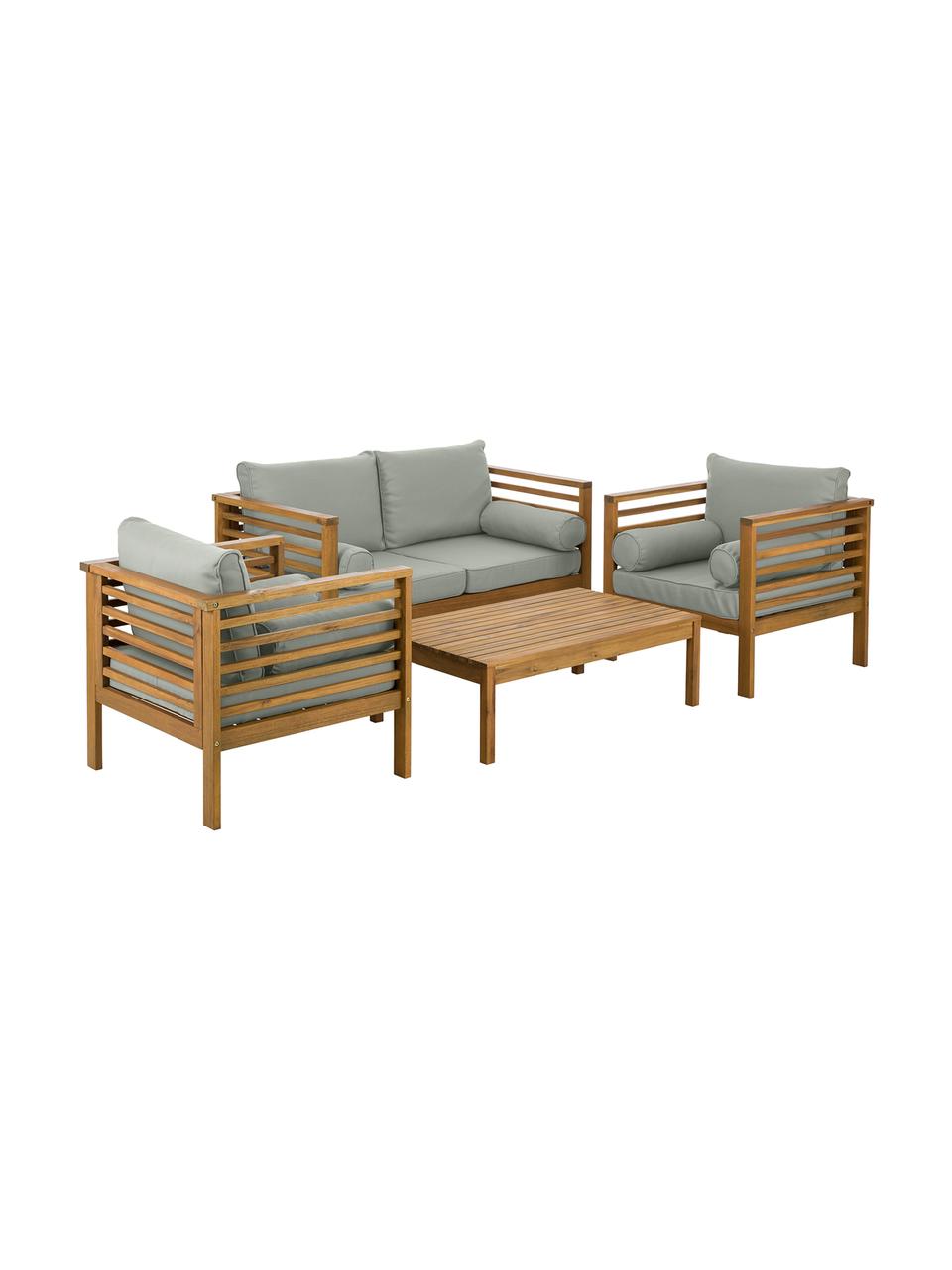 Set lounge para exterior de madera de acacia Bo, 4 pzas., Tapizado: poliéster (resistente a l, Estructura: madera de acacia maciza a, Gris, acacia, Set de diferentes tamaños