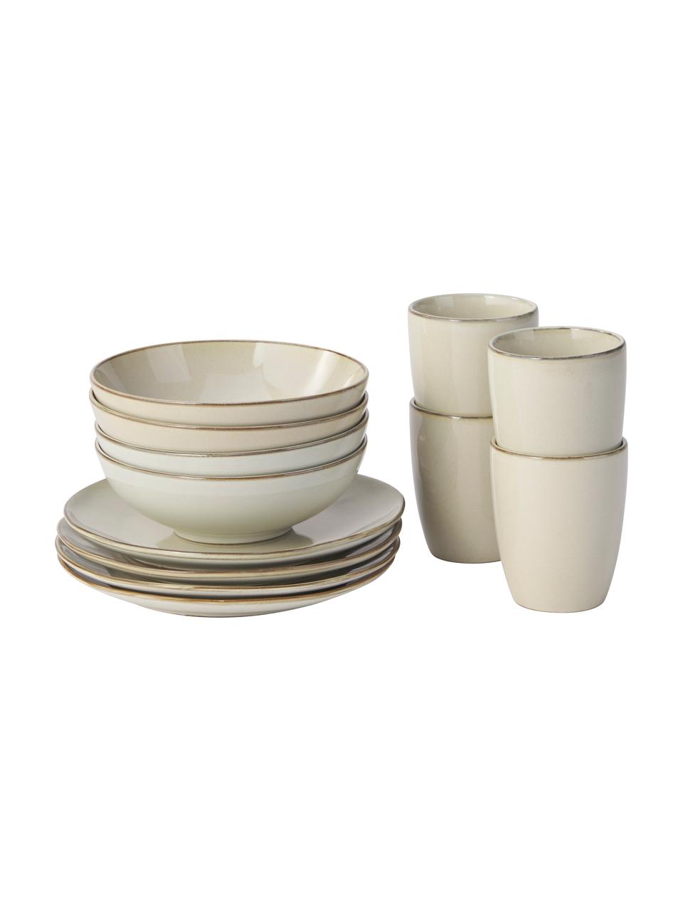 Handgemachtes Frühstücks-Set Thalia, 4 Personen (12-tlg.), Steingut, Beige mit dunklem Rand, Set mit verschiedenen Größen