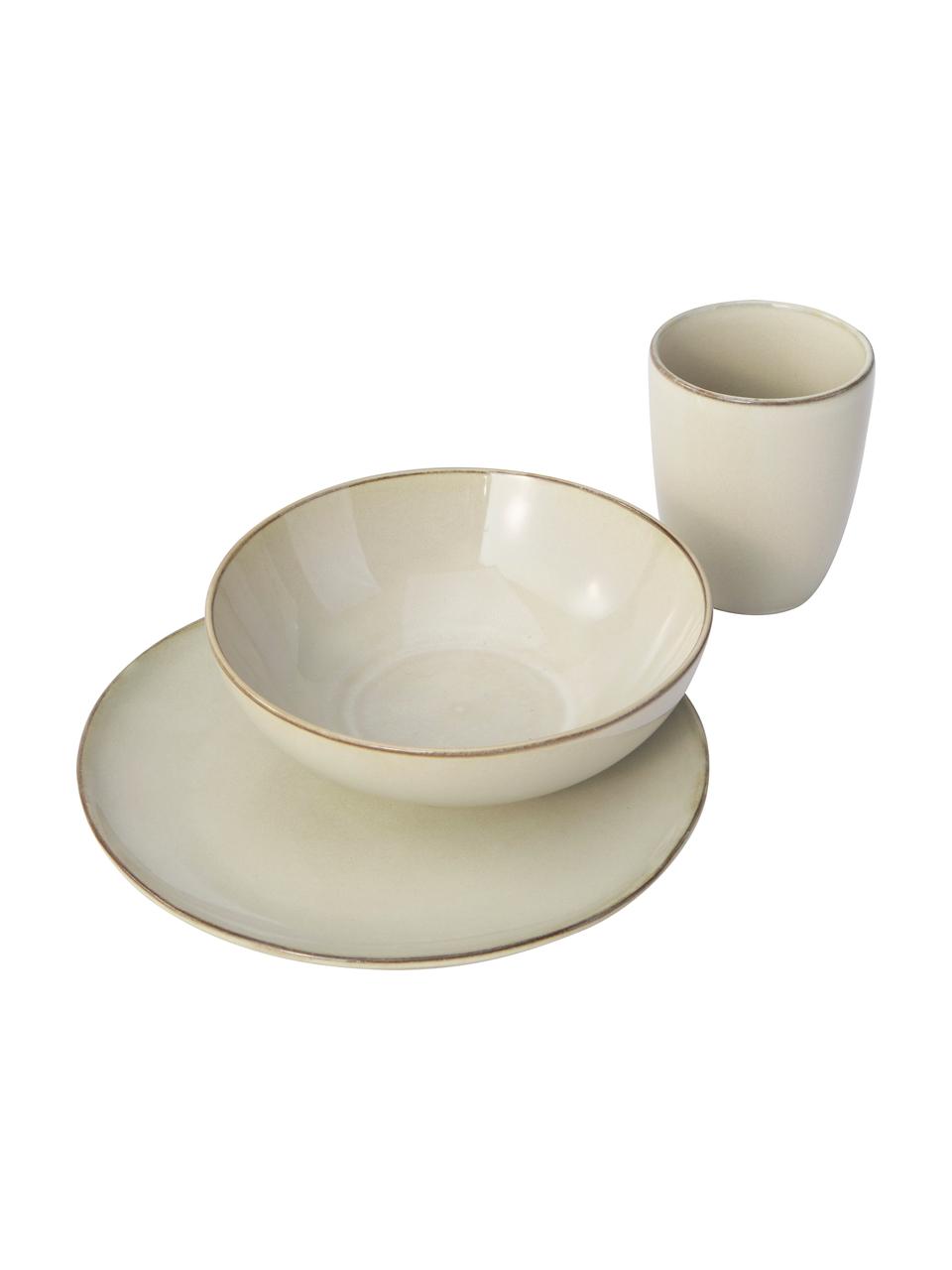 Handgemachtes Frühstücks-Set Thalia, 4 Personen (12-tlg.), Steingut, Beige mit dunklem Rand, Set mit verschiedenen Größen