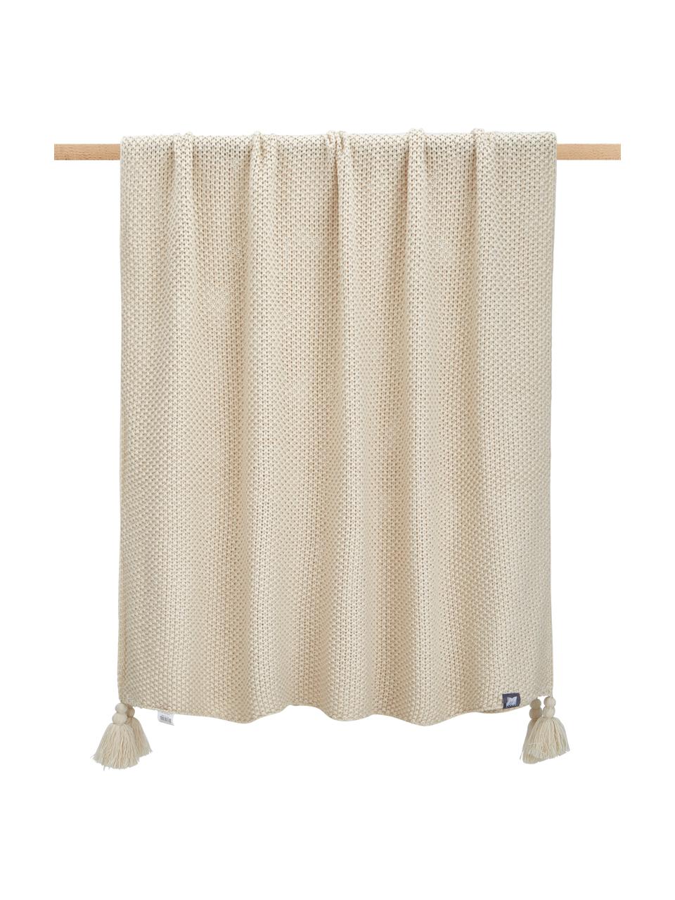 Gebreide deken Lisette in beige met kwastjes, 100% polyacryl, Beige, 130 x 170 cm