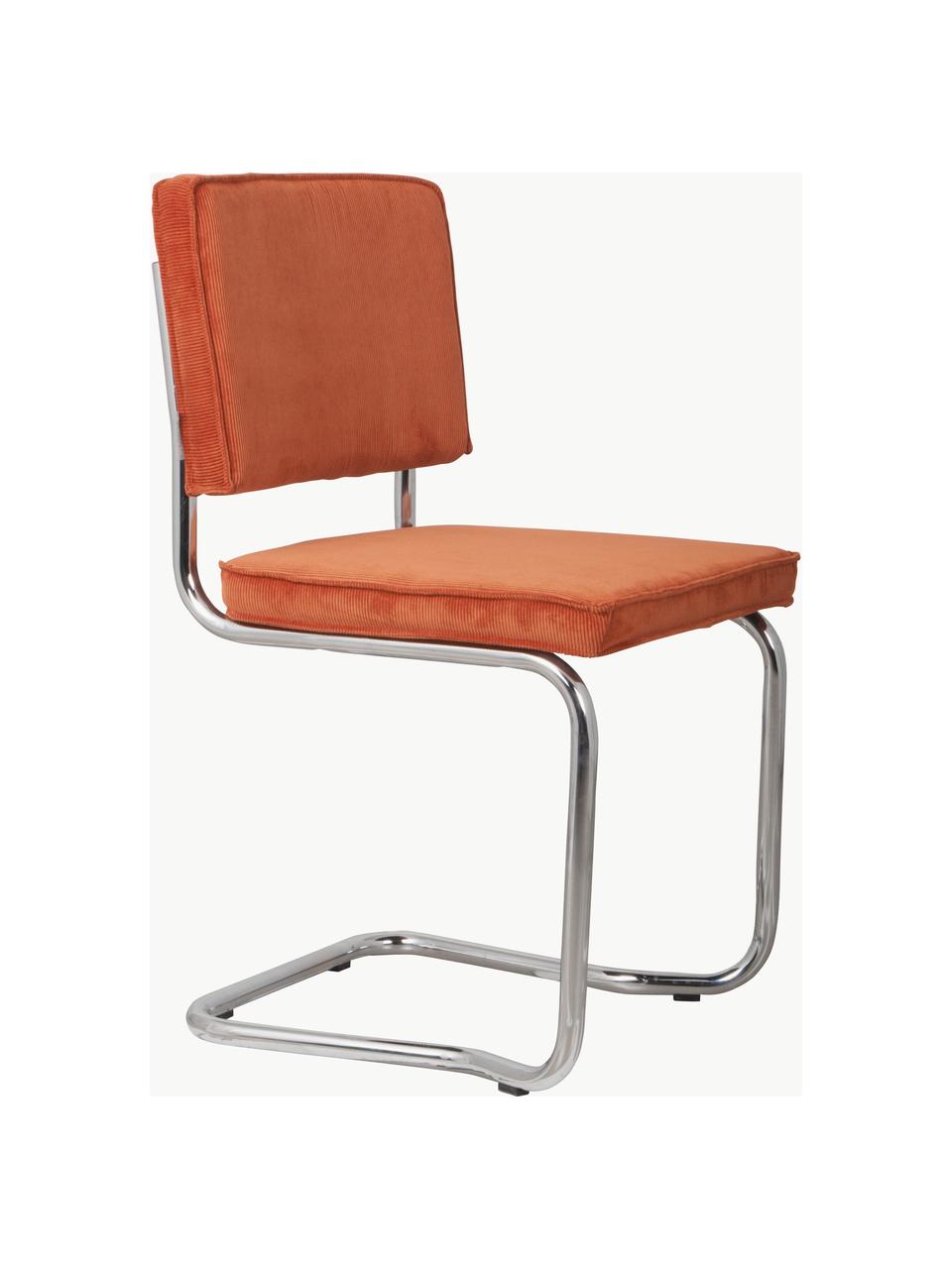 Chaise cantilever en velours côtelé Kink, Velours côtelé orange, cadre gris chrome haute brillance, larg. 48 x prof. 48 cm