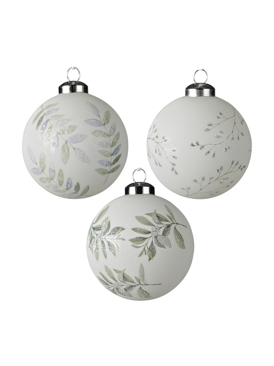 Bolas de Navidad Lilian, Ø 8 cm, 3 uds., Vidrio, Blanco, gris, Ø 8 cm