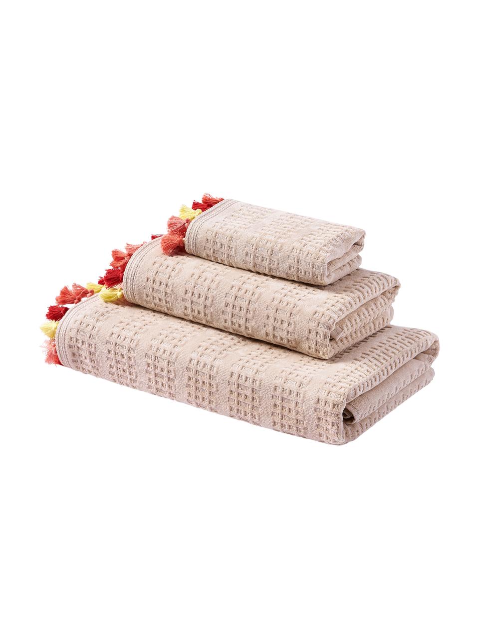 Velours handdoekenset Tallulah met decoratieve franjes, 3-delig, 100% katoen
Middelzware kwaliteit, 500 g/m²

Het in dit product gebruikte materiaal is getest op schadelijke stoffen en gecertificeerd volgens STANDARD 100 door OEKO-TEX®, 8135CIT, CITEVE., Lichtroze, meerkleurig, Set met verschillende formaten