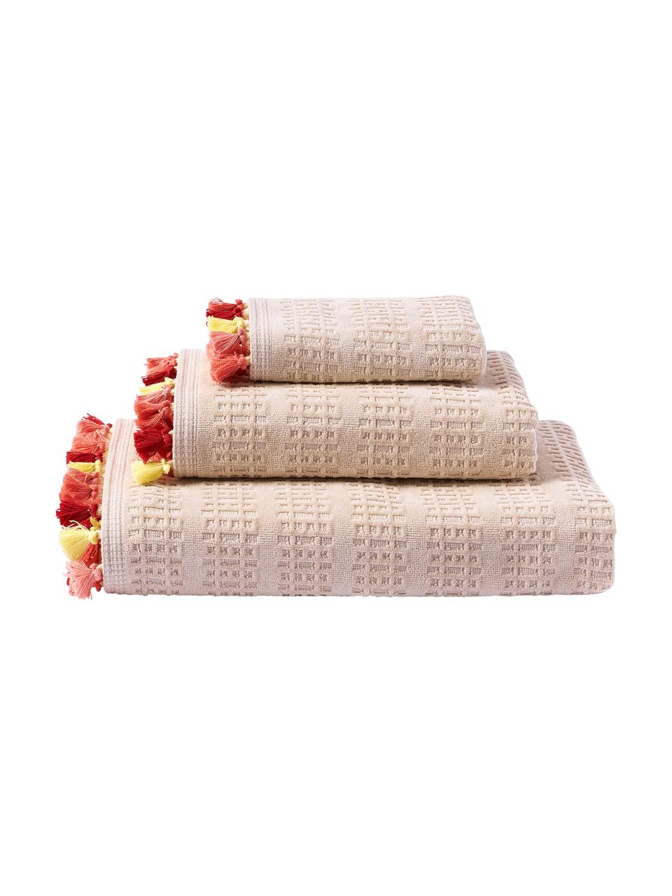 Velours handdoekenset Tallulah met decoratieve franjes, 3-delig, 100% katoen
Middelzware kwaliteit, 500 g/m²

Het in dit product gebruikte materiaal is getest op schadelijke stoffen en gecertificeerd volgens STANDARD 100 door OEKO-TEX®, 8135CIT, CITEVE., Lichtroze, meerkleurig, Set met verschillende formaten