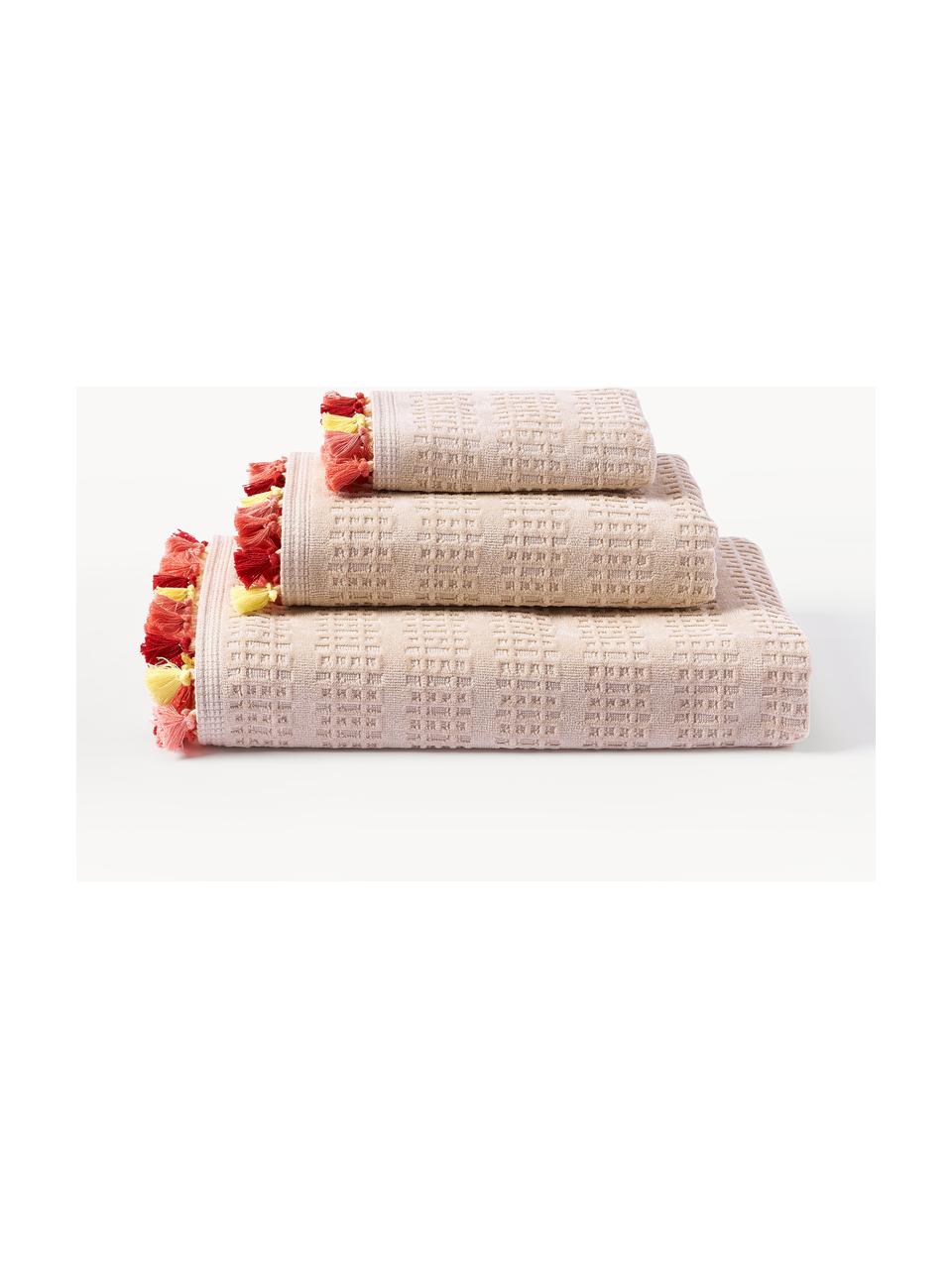 Lot de serviettes de bain en velours avec franges Niam, 3 élém., Rose pâle, multicolore, 3 éléments (1 serviette invité, 1 serviette de toilette et 1 drap de bain)