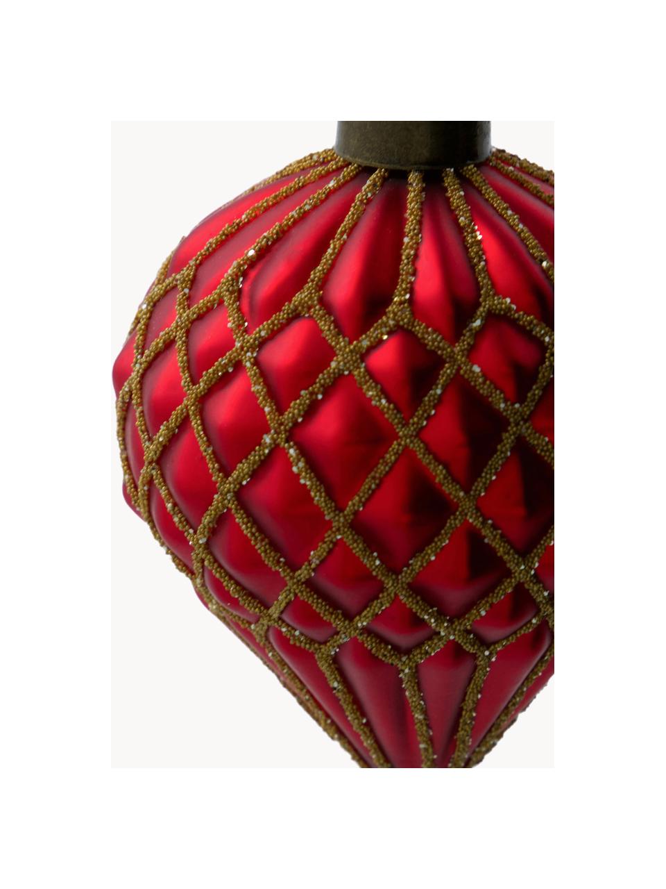 Décorations de sapin de Noël soufflées bouche Hinda, 4 pièces, Verre, Rouge, doré, Ø 7 x haut. 10 cm