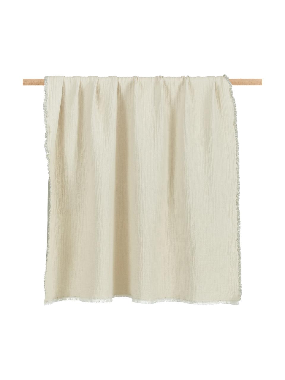 Manta de doble cara de algodón con flecos Thyme, 100% algodón ecológico, Verde, blanco crema, An 130 x L 180 cm