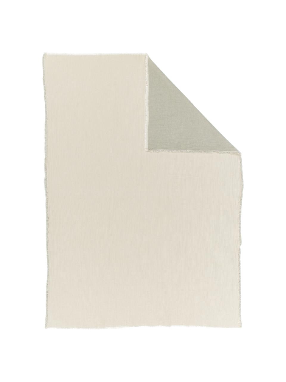 Plaid reversibile in cotone bianco crema/verde con frange Thyme, 100% cotone biologico, Verde, bianco crema, Larg. 130 x Lung. 180 cm
