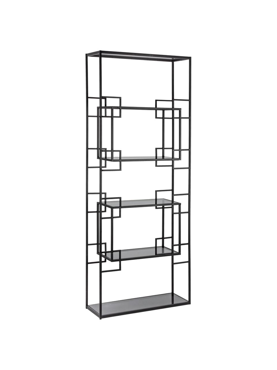 Metall-Standregal Korvet in Schwarz mit Glasböden, Gestell: Metall, epoxidiert und pu, Einlegeböden: Glas, Schwarz, Grau, transparent, 71 x 183 cm