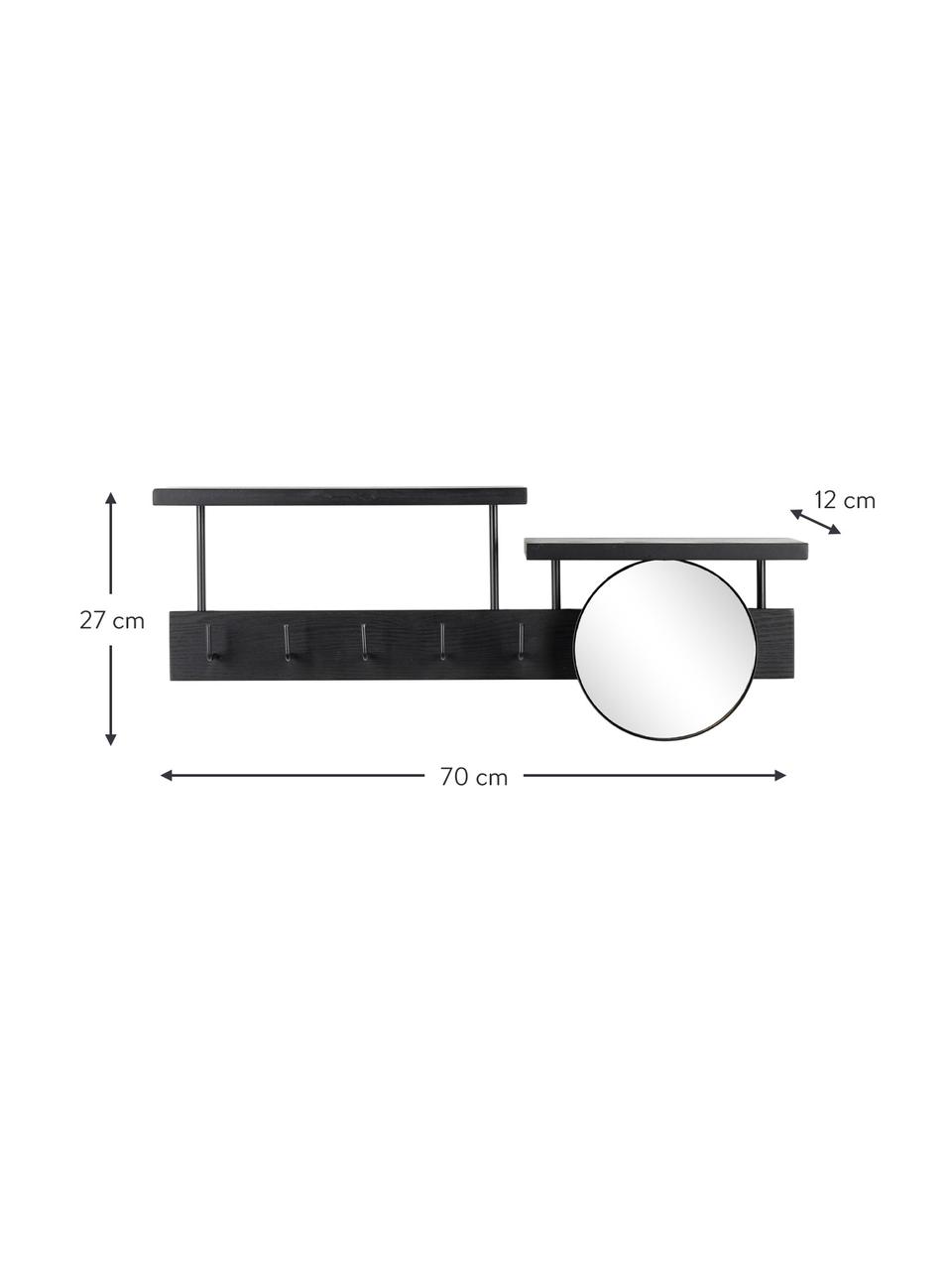 Appendiabiti con specchio Joben, Ripiani: pannelli di fibra a media, Struttura: pannello di fibra a media, Superficie: vetro a specchio, Nero, Larg. 70 x Alt. 27 cm