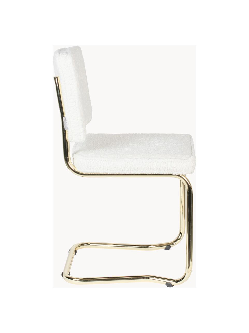 Silla cantilever de borreguillo Kink, Tapizado: borreguillo (100% poliést, Estructura: metal recubierto, Borreguillo blanco, latón, An 48 x F 48 cm