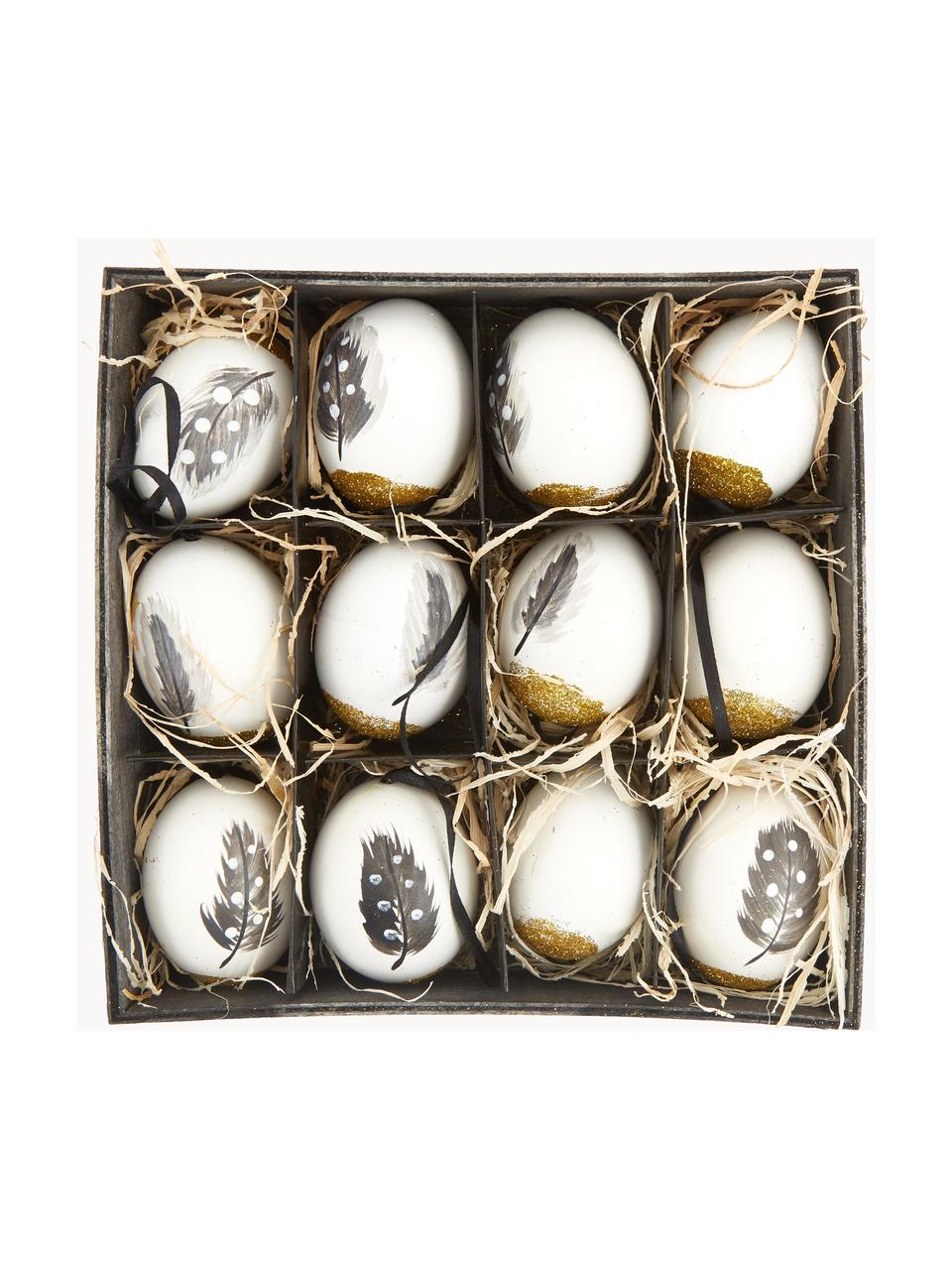 Decoratieve hangersset Disa, set van 12, Echte eieren, Wit, goudkleurig, grijs, Ø 6 x H 7 cm