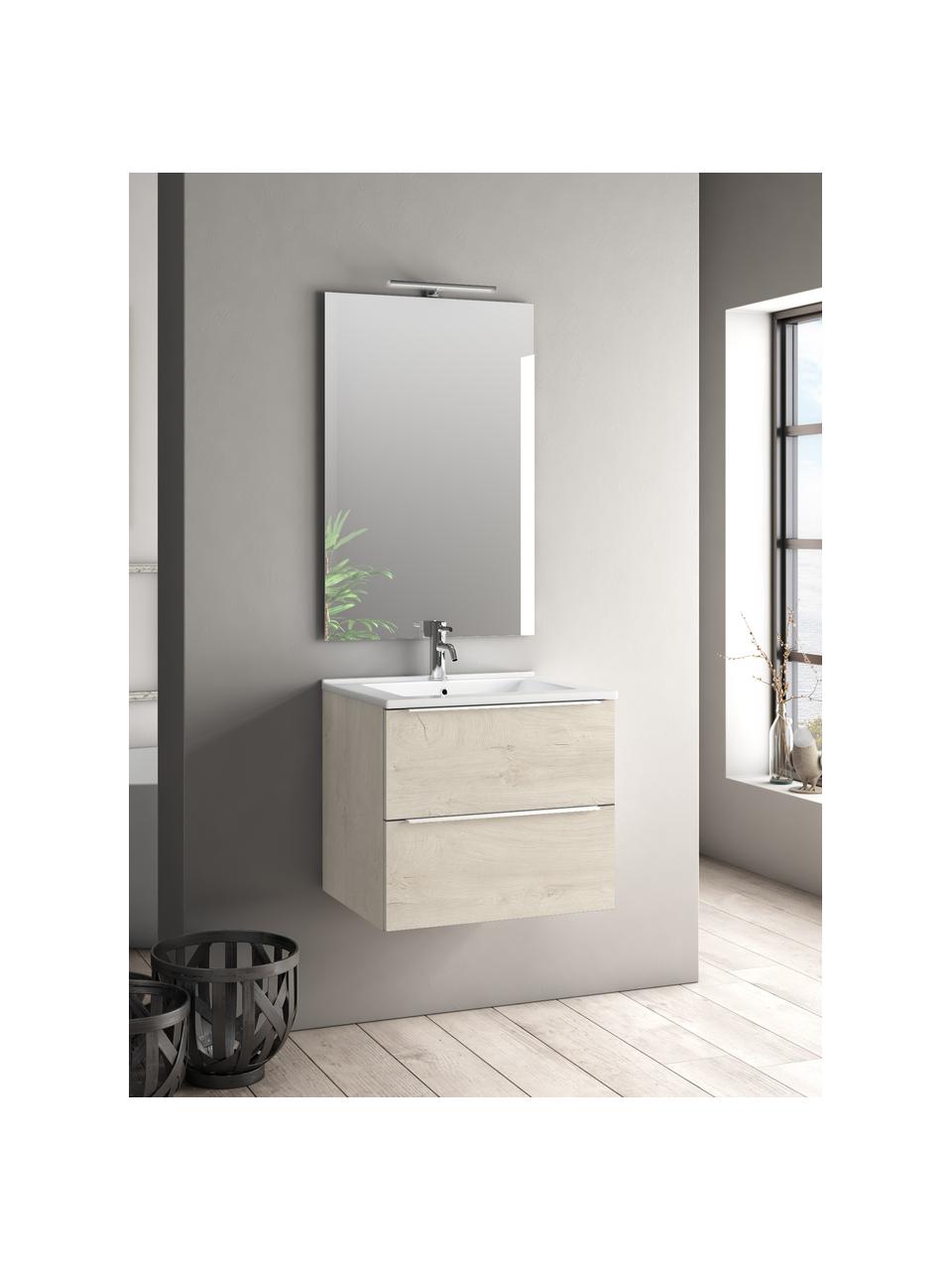 Waschtisch-Set Malmo, 4-tlg., Griffe: Aluminium, beschichtet, Spiegelfläche: Spiegelglas, Rückseite: ABS-Kunststoff, Eichenholz-Optik, Set mit verschiedenen Größen