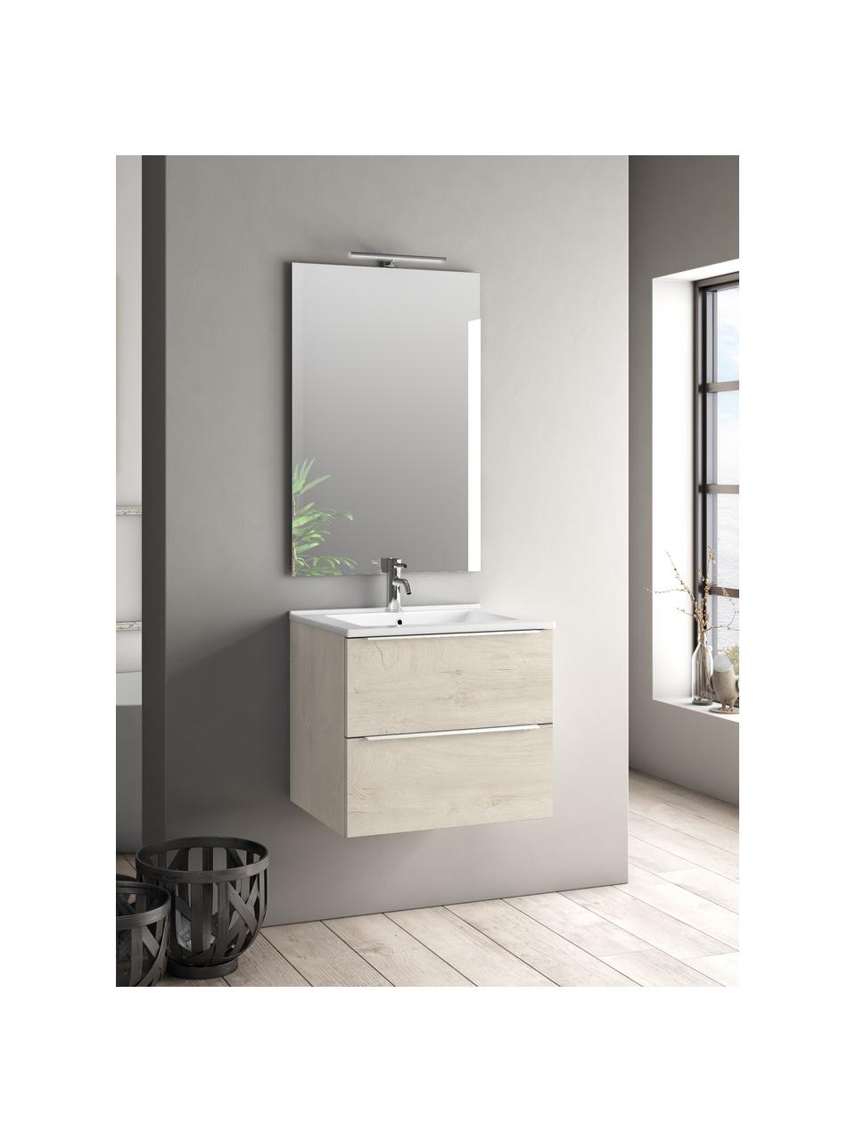 Set lavabo Malmo 4 pz, Manico: alluminio rivestito, Lampada: alluminio rivestito, Superficie dello specchio: lastra di vetro, Effetto legno di quercia, Set in varie misure