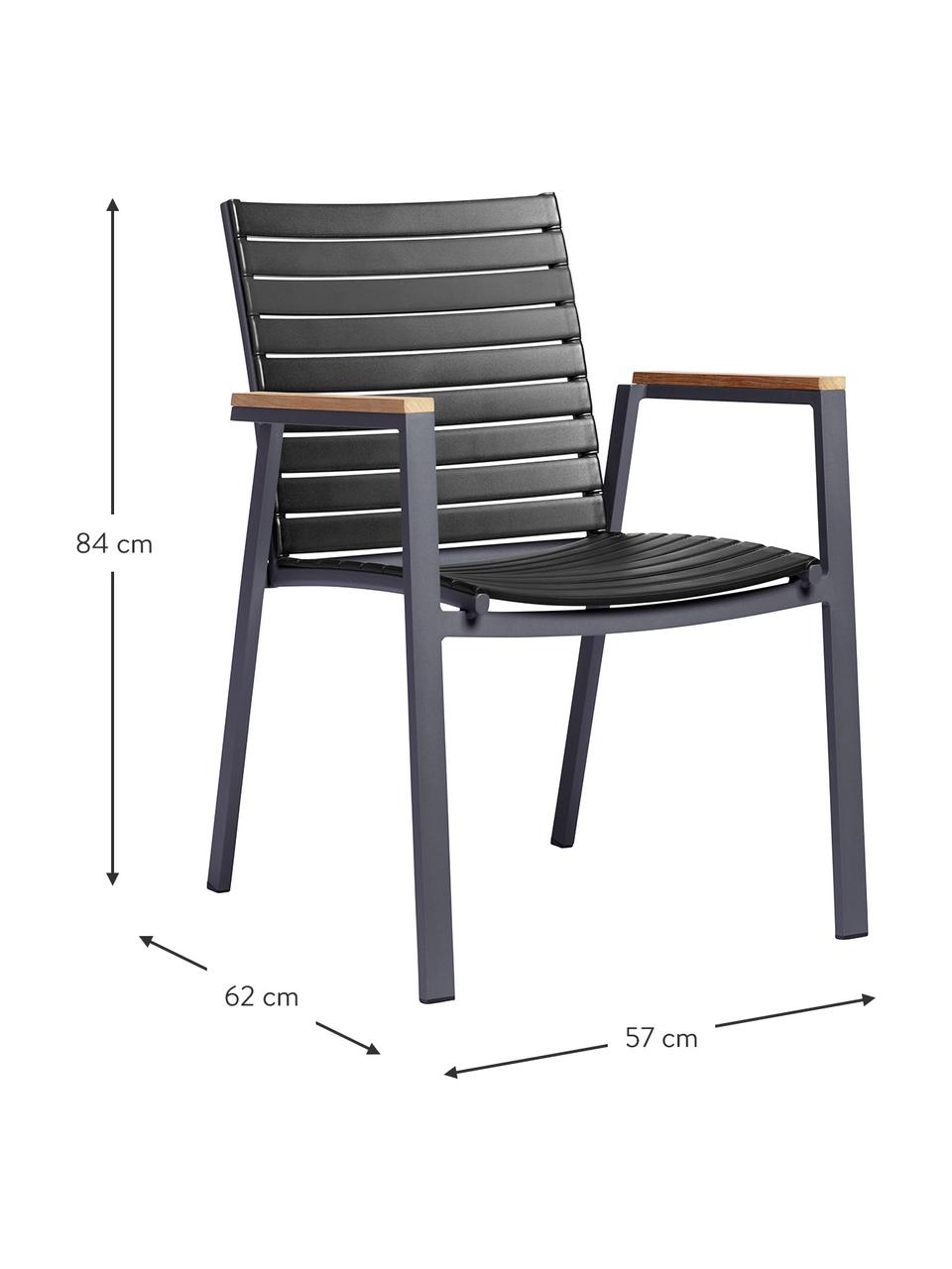 Garten-Armlehnstuhl Mood Extreme, Gestell: Aluminium, pulverbeschich, Sitzfläche: Kunststoff, Armlehnen: Teakholz, Schwarz, Teakholz, B 57 x T 62 cm