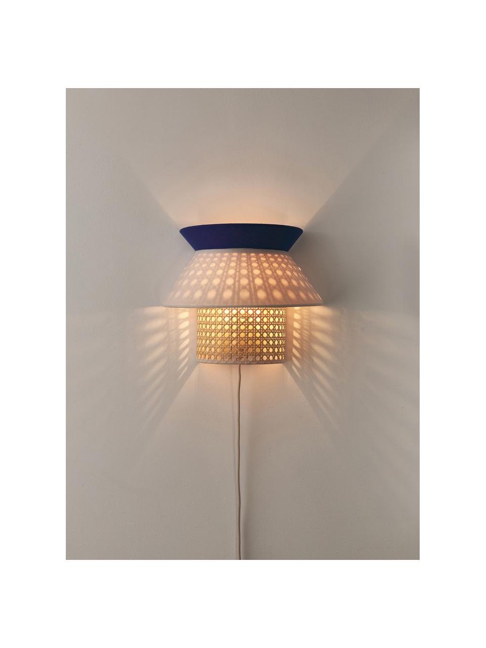 Wandlamp Klea van Weens vlechtwerk, Lampenkap: bamboe, textiel, Lichtbeige, koningsblauw, B 30 x H 25 cm