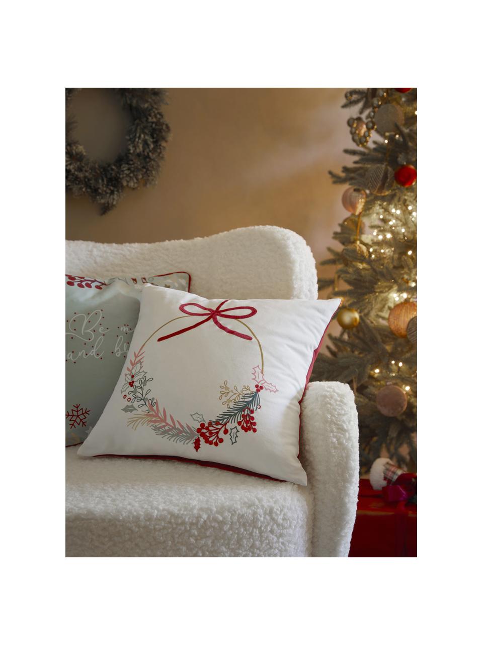 Federa arredo ricamata con motivo natalizio Tinsel, 100% cotone, Rosso, bianco, multicolore, Larg. 45 x Lung. 45 cm