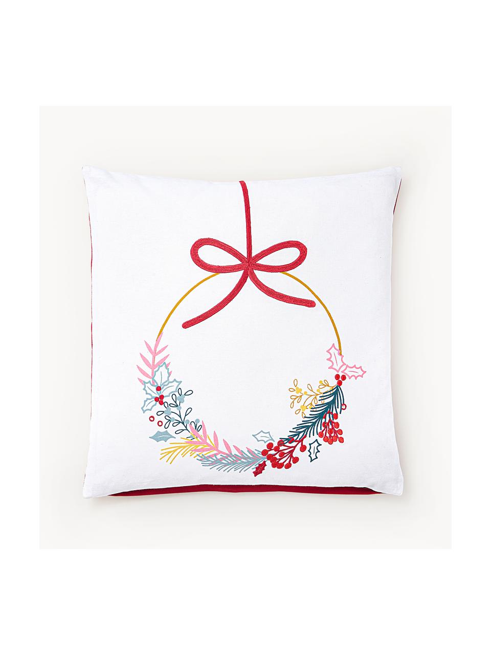 Bestickte Kissenhülle Tinsel mit weihnachtlichem Motiv, 100 % Baumwolle, Weiß, Mehrfarbig, Rot, B 45 x L 45 cm