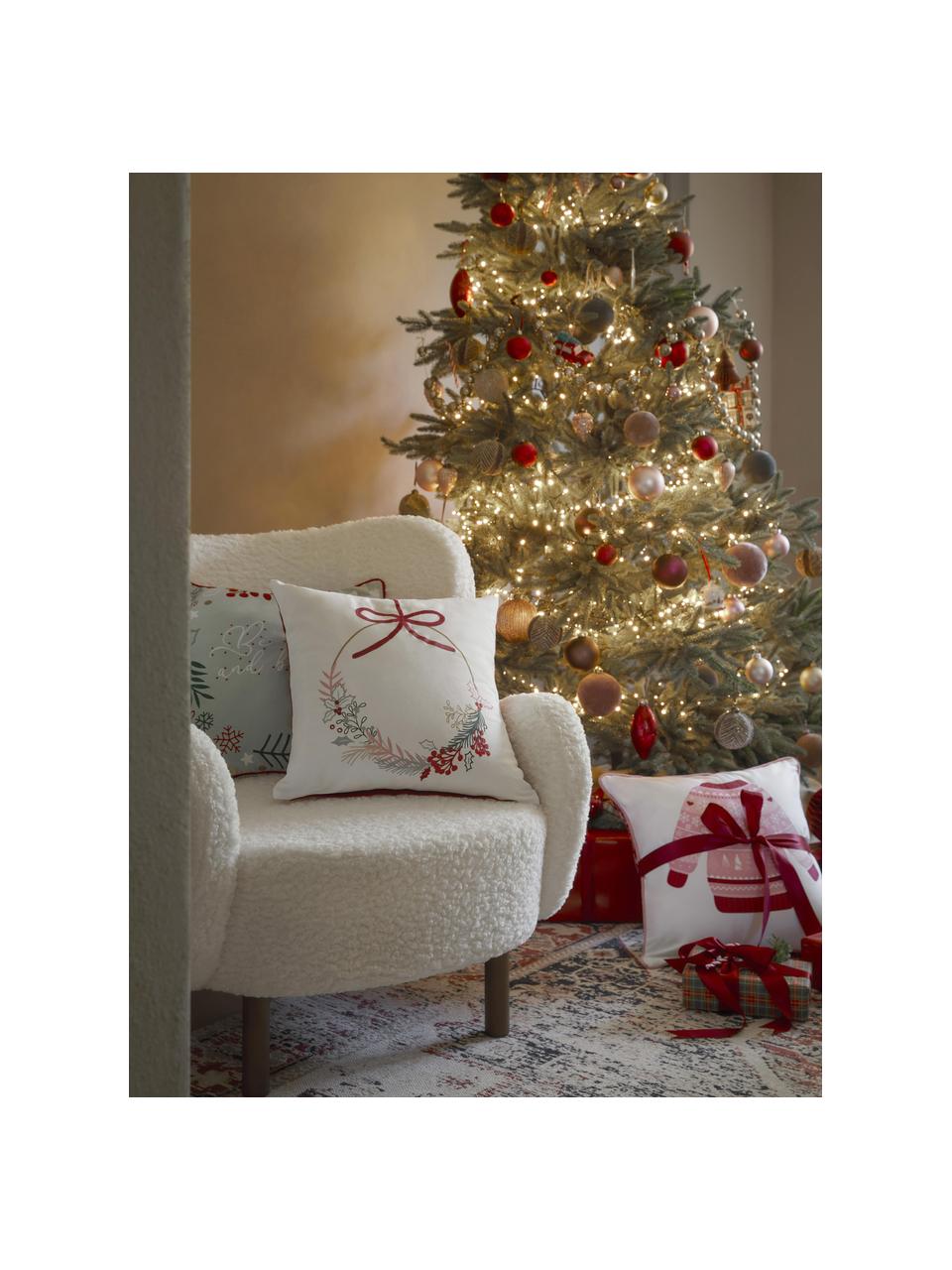 Bestickte Kissenhülle Tinsel mit weihnachtlichem Motiv, 100 % Baumwolle, Weiß, Mehrfarbig, Rot, B 45 x L 45 cm