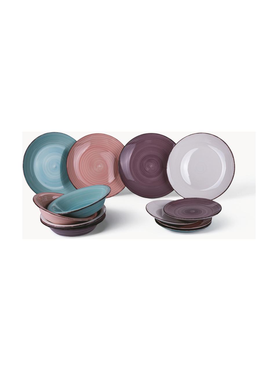 Servizio di piatti dipinti a mano Round, 4 persone (12 pz), Gres, Turchese, rosa antico, melanzana, grigio chiaro, 4 persone (12 pz)