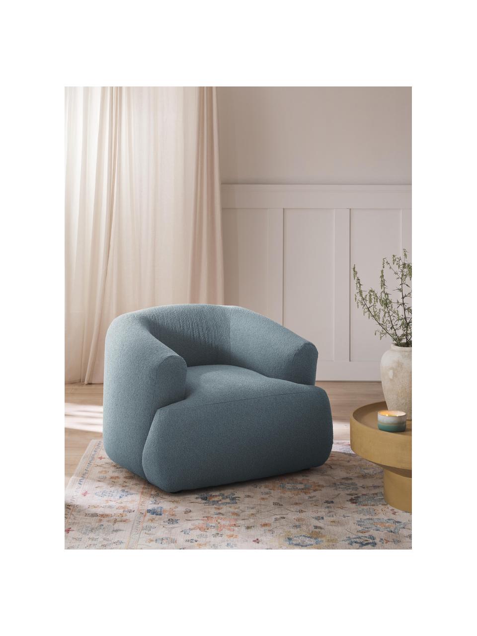 Bouclé fauteuil Sofia, Bekleding: bouclé (100% polyester) M, Frame: sparrenhout, spaanplaat, , Poten: kunststof Dit product is , Bouclé blauw, B 90 x D 97 cm