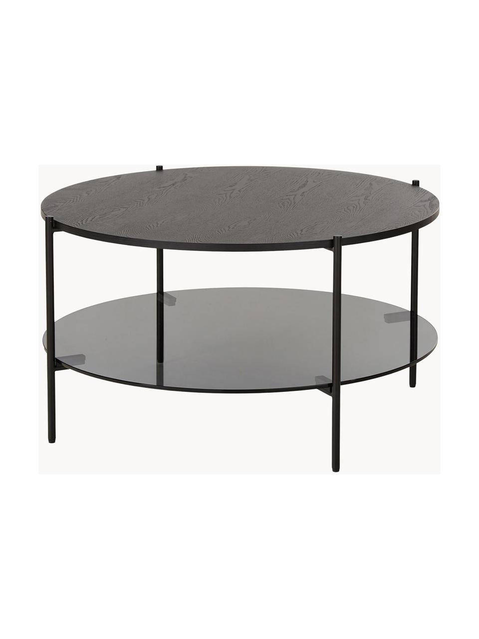 Couchtisch Valentina mit Glasplatte, Tischplatte: Glas, Ablagefläche: Mitteldichte Holzfaserpla, Gestell: Metall, pulverbeschichtet, Eschenholz, schwarz lackiert, Ø 84 cm