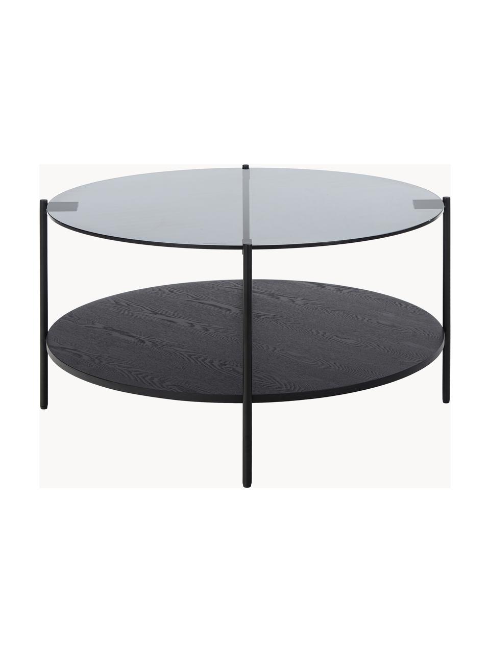 Mesa de centro Valentina, tablero de vidrio, Tablero: vidrio, Estante: tablero de fibras de dens, Estructura: metal con pintura en polv, Madera de fresno pintada en negro, Ø 84 cm