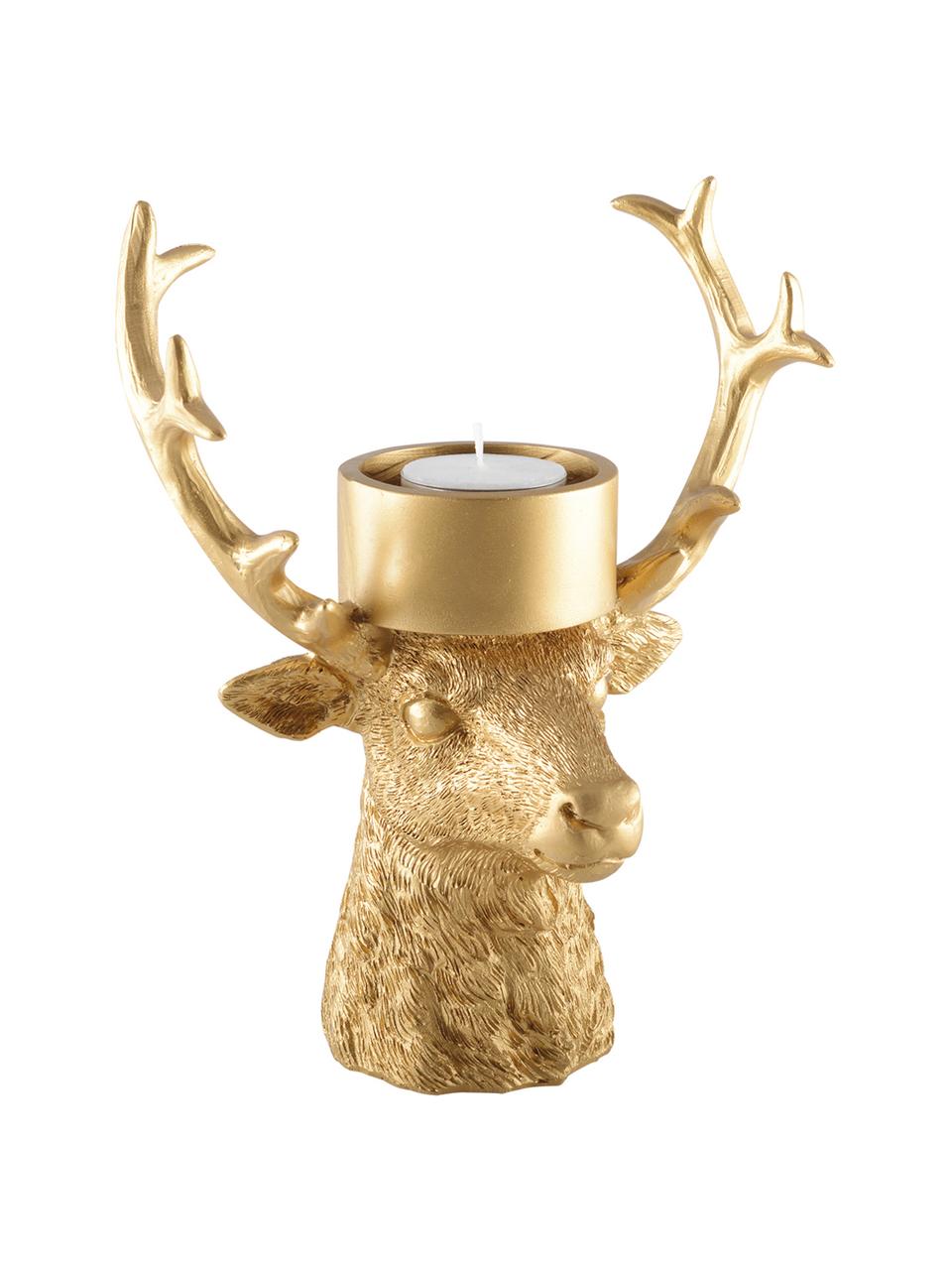 Bougeoir doré Deer, Polyrésine, Couleur dorée, larg. 18 x haut. 22 cm