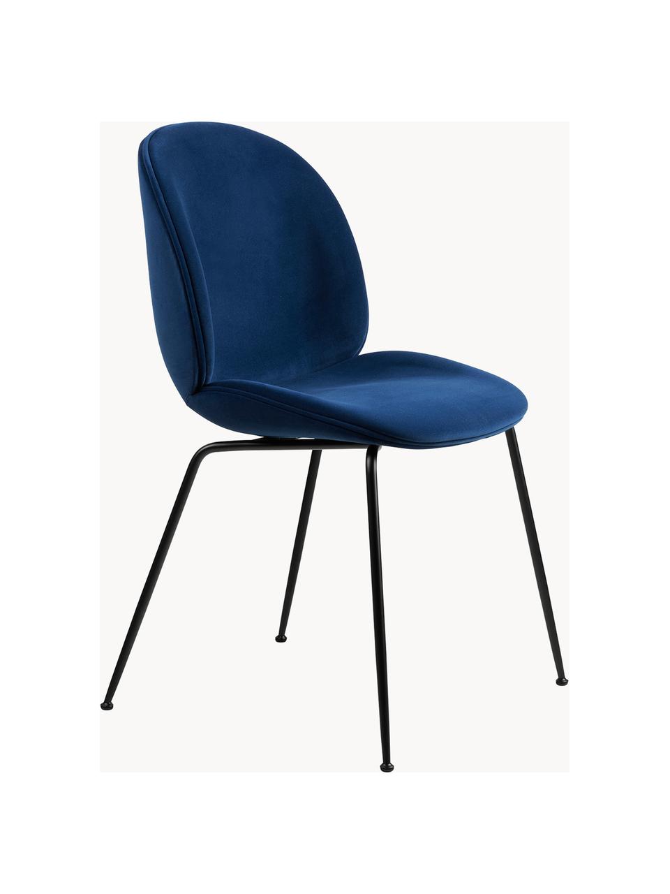Fluweel gestoffeerde stoel Beetle, Bekleding: fluweel (100% polyester), Poten: gecoat staal, Fluweel donkerblauw, zwart mat, B 56 x D 58 cm