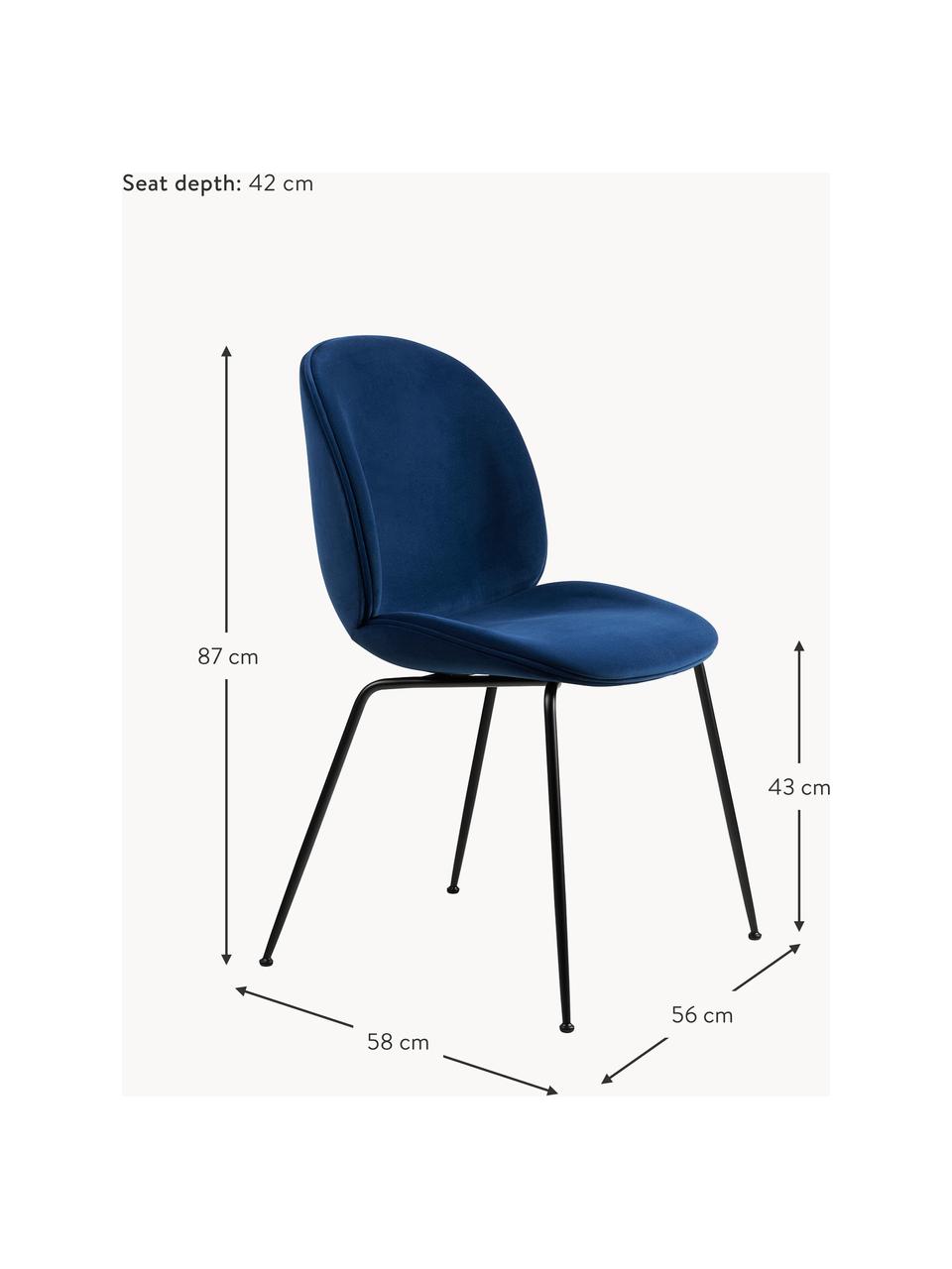 Krzesło tapicerowane z aksamitu Beetle, Tapicerka: aksamit (100% poliester), Nogi: stal powlekana, Ciemny niebieski, czarny matowy, S 56 x G 58 cm