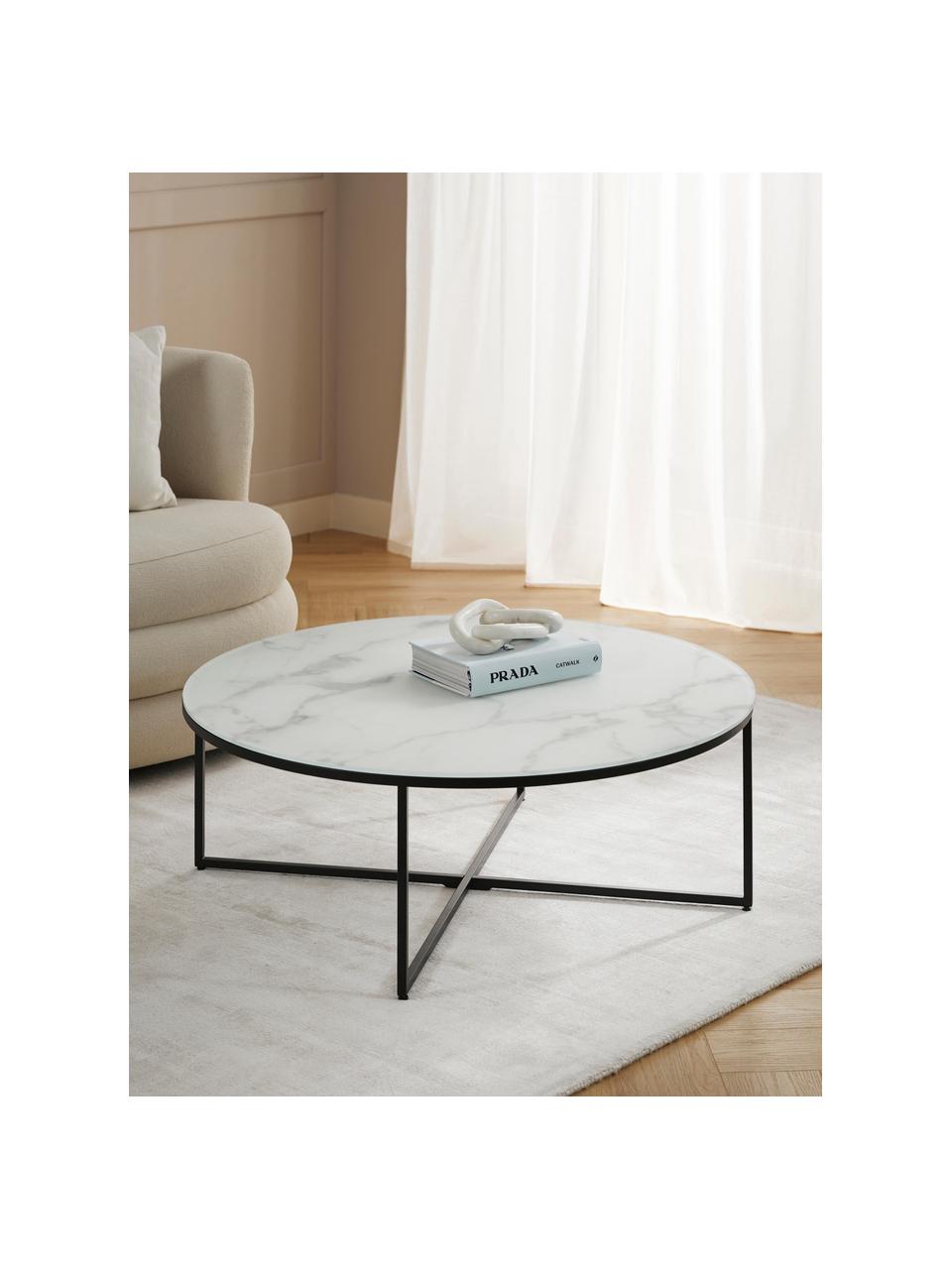 Runder XL-Couchtisch Antigua mit Glasplatte in Marmor-Optik, Tischplatte: Glas, matt bedruckt, Gestell: Stahl, pulverbeschichtet, Marmor-Optik Weiss, Schwarz, Ø 100 cm