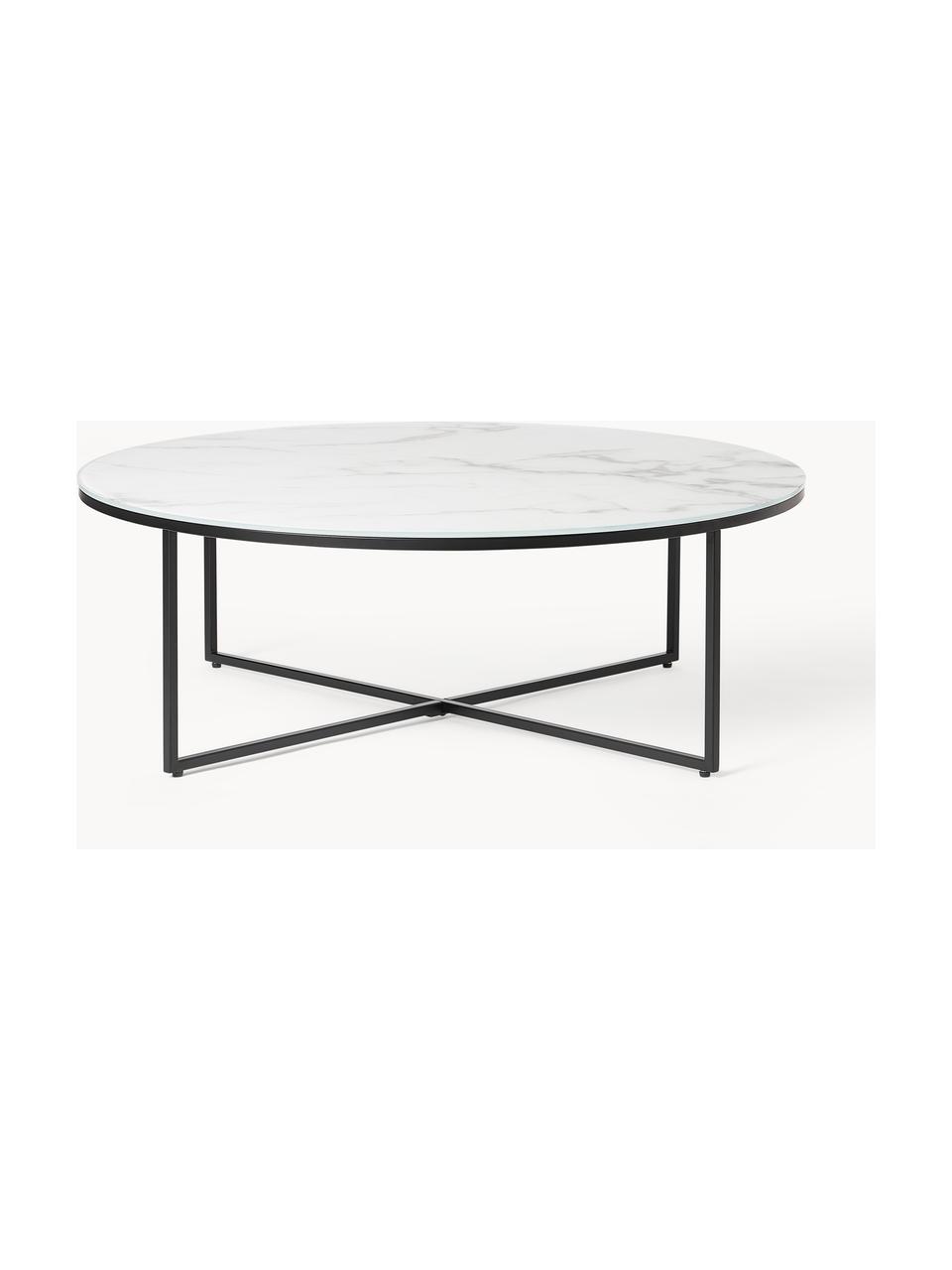 Mesa de centro redonda grande con tablero de vidrio en look mármol Antigua, Tablero: vidrio estampado con aspe, Estructura: acero con pintura en polv, Aspecto mármol blanco, negro, Ø 100 cm