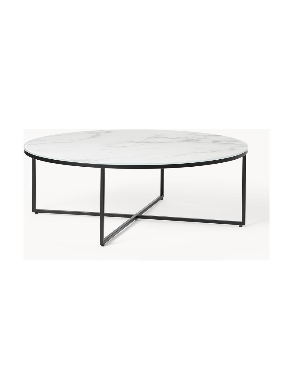 Tavolino rotondo XL da salotto con piano in vetro effetto marmo Antigua, Struttura: acciaio verniciato a polv, Bianco effetto marmo. nero opaco, Ø 100 cm