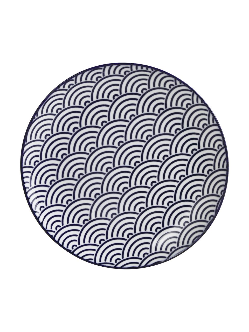 Handgemaakte porseleinen ontbijtborden Nippon in blauw/wit, set van 4, Porselein, Blauw, wit, Ø 21 cm