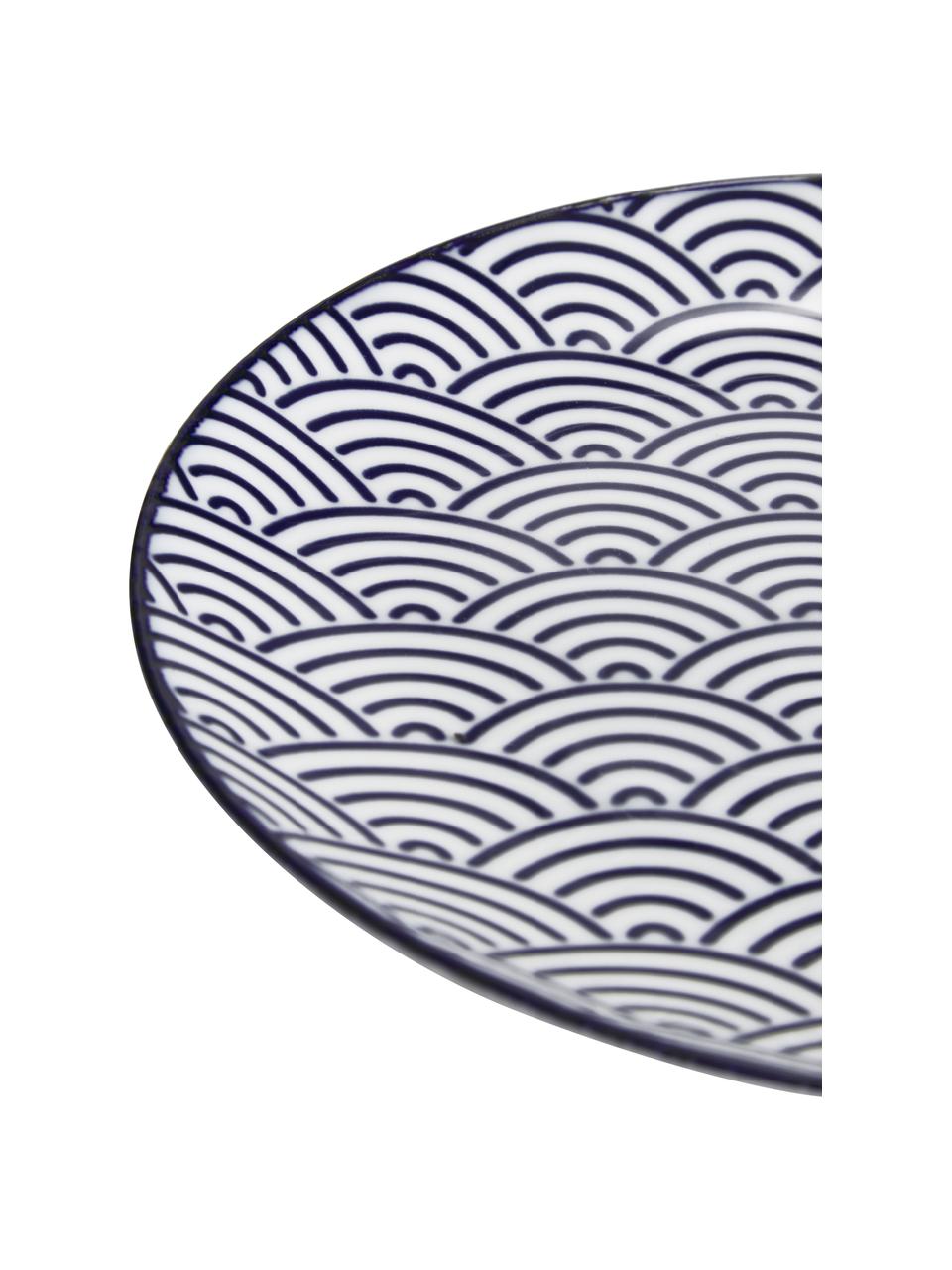 Handgemachte Porzellan-Frühstücksteller Nippon in Blau/Weiß, 4-er Set, Porzellan, Blau, Weiß, Ø 21 cm