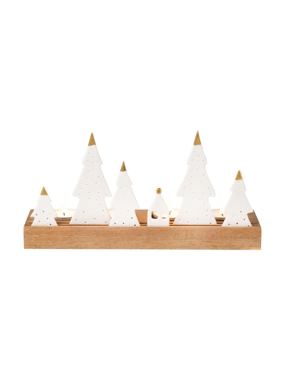 Świecznik na podgrzewacze z porcelany i drewna akacjowego Trees, Biały, jasne drewno naturalne, S 25 x W 13 cm