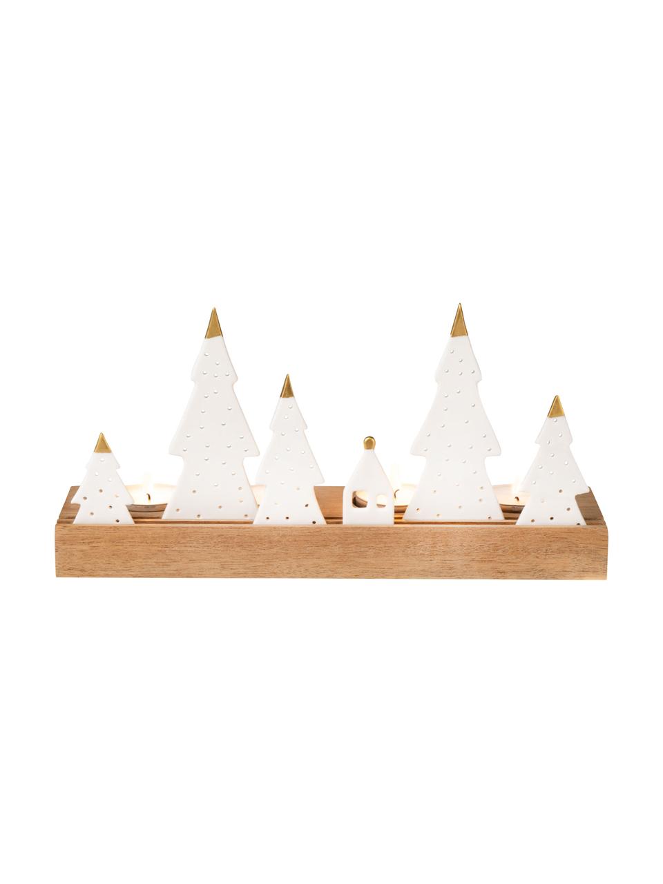 Teelichthalter Trees aus Porzellan/Akazienholz, Sockel: Akazienholz, Weiß, Helles Holz, B 25 x H 13 cm