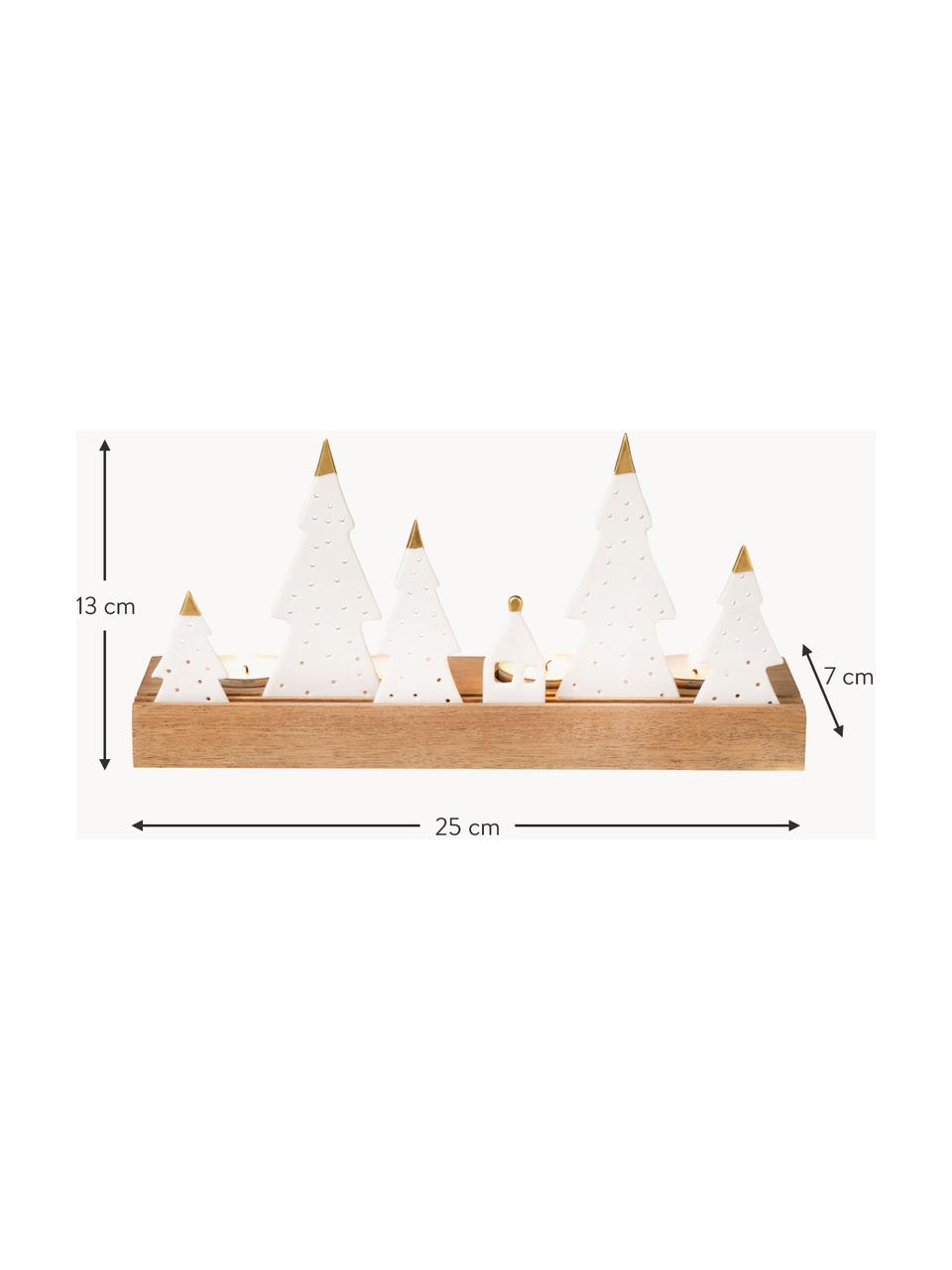 Portavelas de madera y porcelana Trees, Blanco, madera clara, An 25 x Al 13 cm