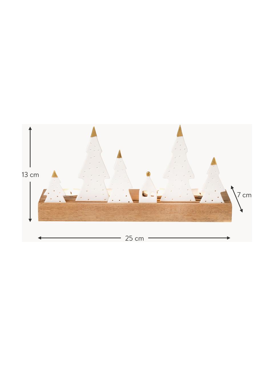 Teelichthalter Trees aus Porzellan/Akazienholz, Sockel: Akazienholz, Weiß, Helles Holz, B 25 x H 13 cm