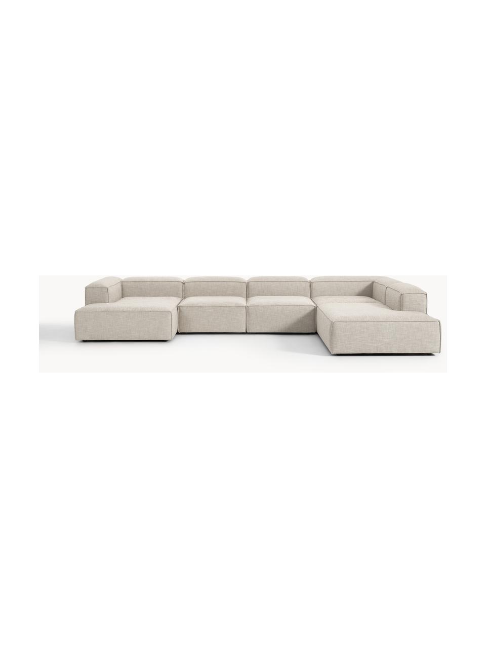 Sofa modułowa z mieszanki lnu Lennon, Tapicerka: 50% wiskoza, 25% len, 15%, Nogi: tworzywo sztuczne Ten pro, Szara mieszanka lnu, S 418 x G 269 cm, prawostronna