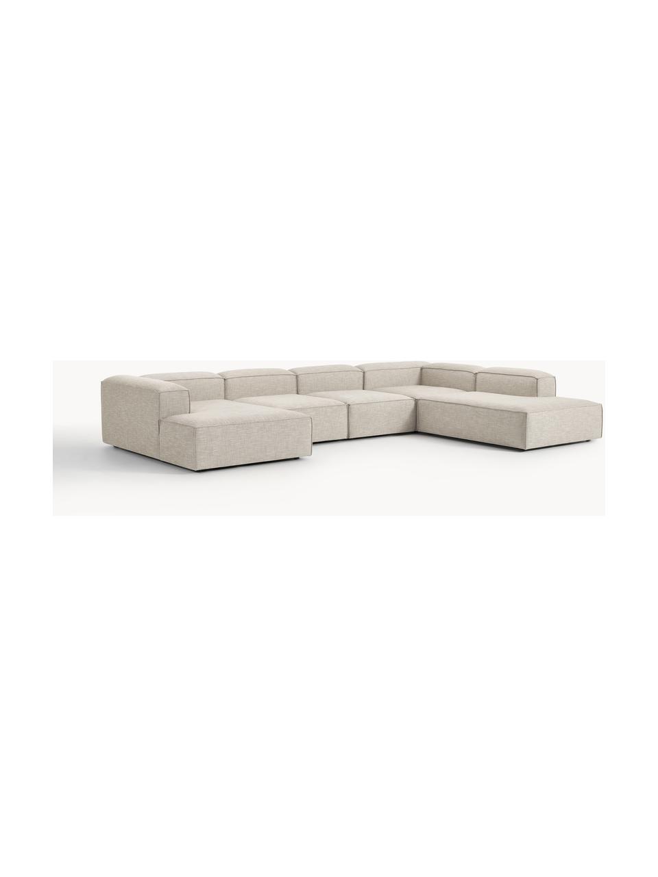 Sofa modułowa z mieszanki lnu Lennon, Tapicerka: 50% wiskoza, 25% len, 15%, Nogi: tworzywo sztuczne Ten pro, Szara mieszanka lnu, S 418 x G 269 cm, prawostronna