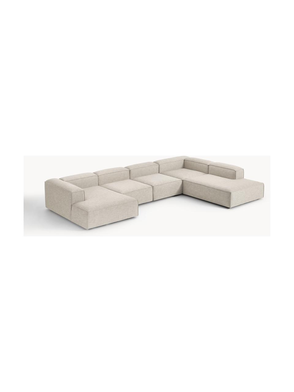 Sofa modułowa z mieszanki lnu Lennon, Tapicerka: 50% wiskoza, 25% len, 15%, Nogi: tworzywo sztuczne Ten pro, Szara mieszanka lnu, S 418 x G 269 cm, prawostronna