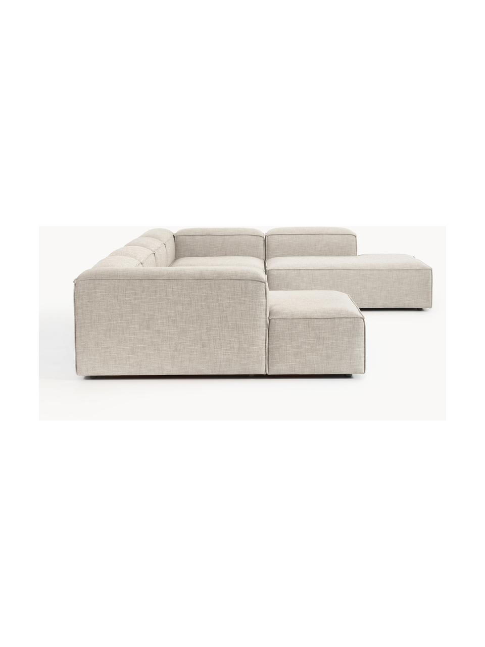 Sofa modułowa z mieszanki lnu Lennon, Tapicerka: 50% wiskoza, 25% len, 15%, Nogi: tworzywo sztuczne Ten pro, Szara mieszanka lnu, S 418 x G 269 cm, prawostronna