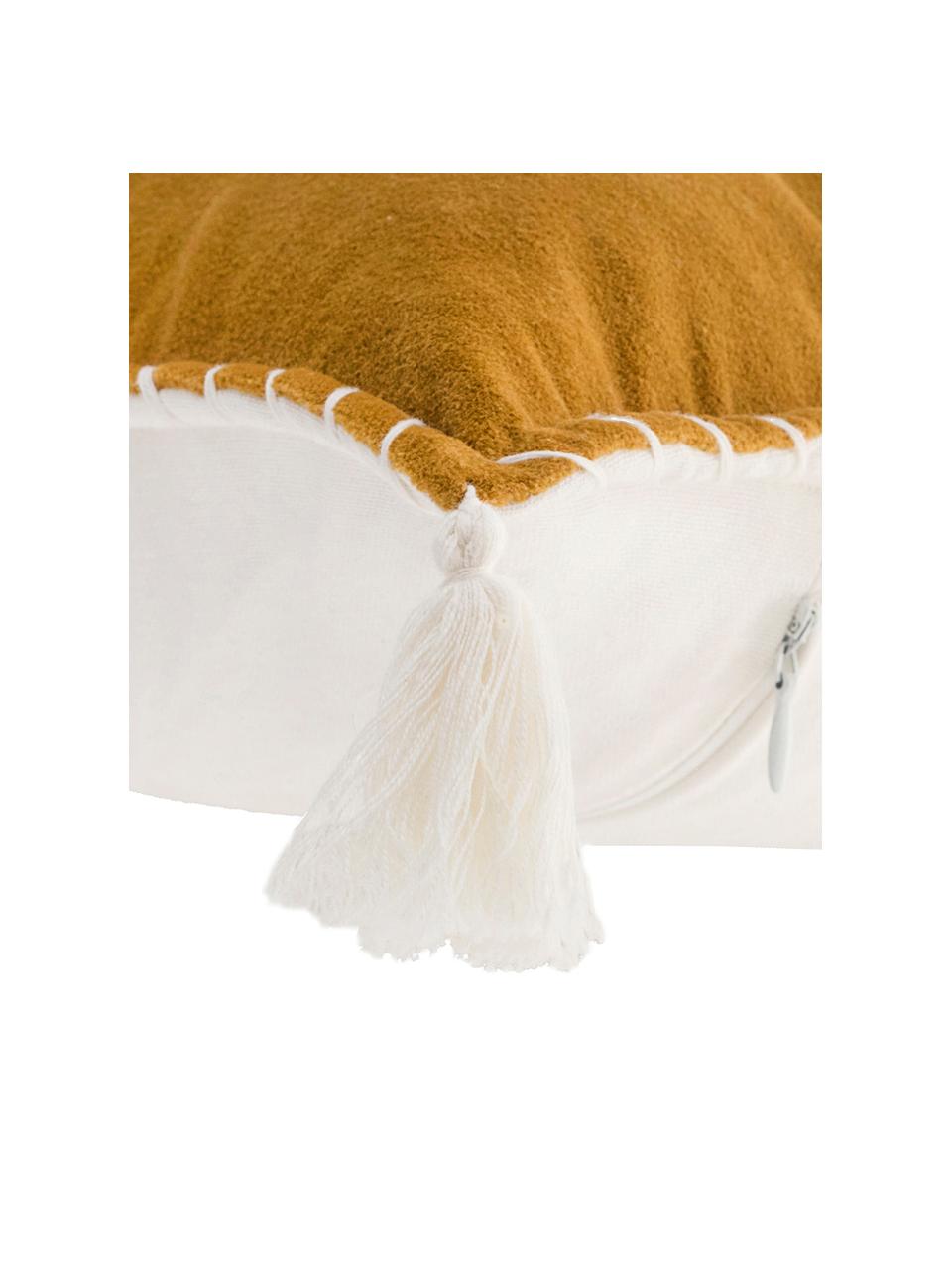 Housse de coussin rectangulaire en velours style ethnique Bali, Jaune moutarde, blanc