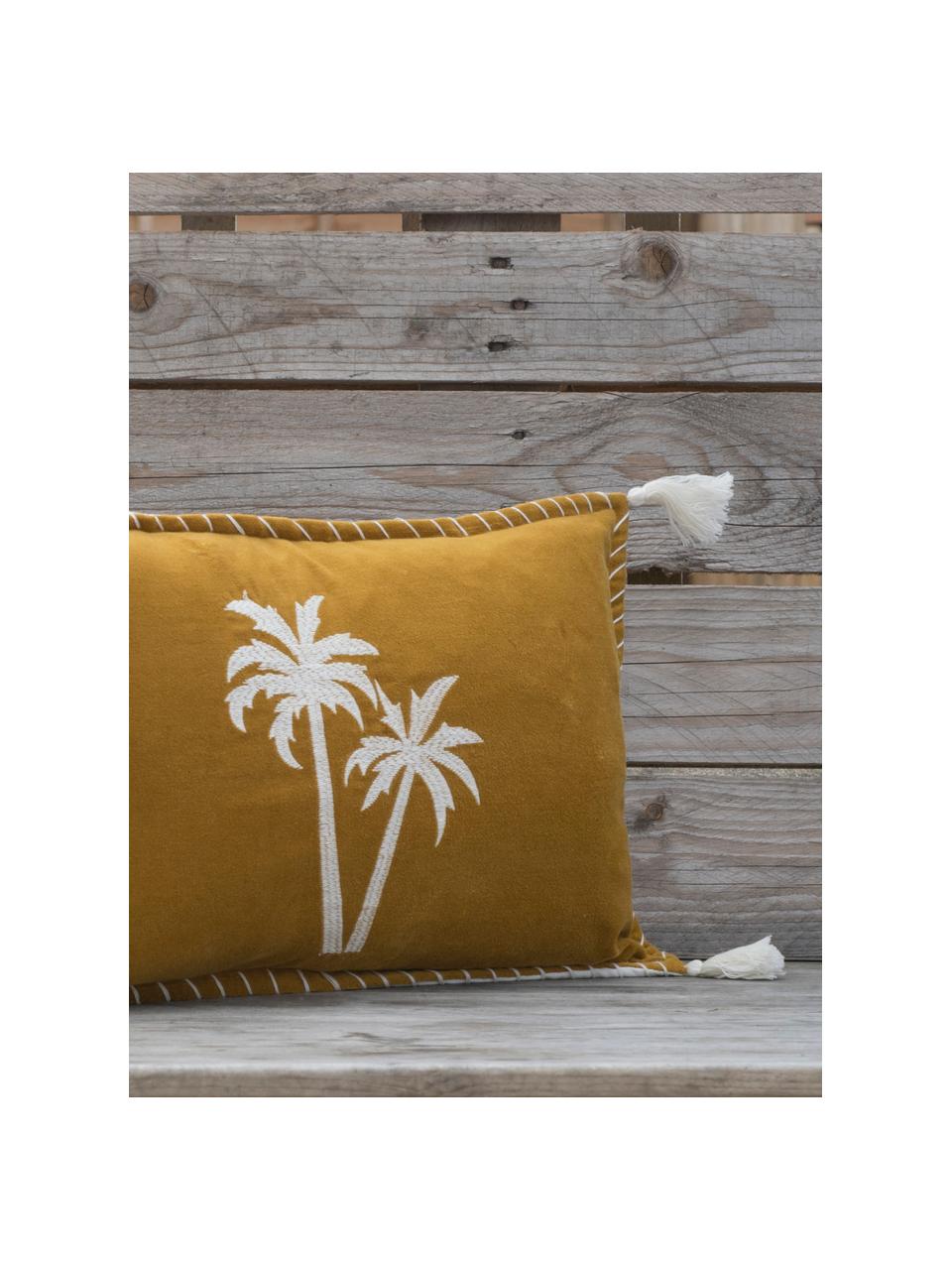 Sametový povlak na polštář se střapci a motivem palmy Bali, Hořčičná žlutá, bílá