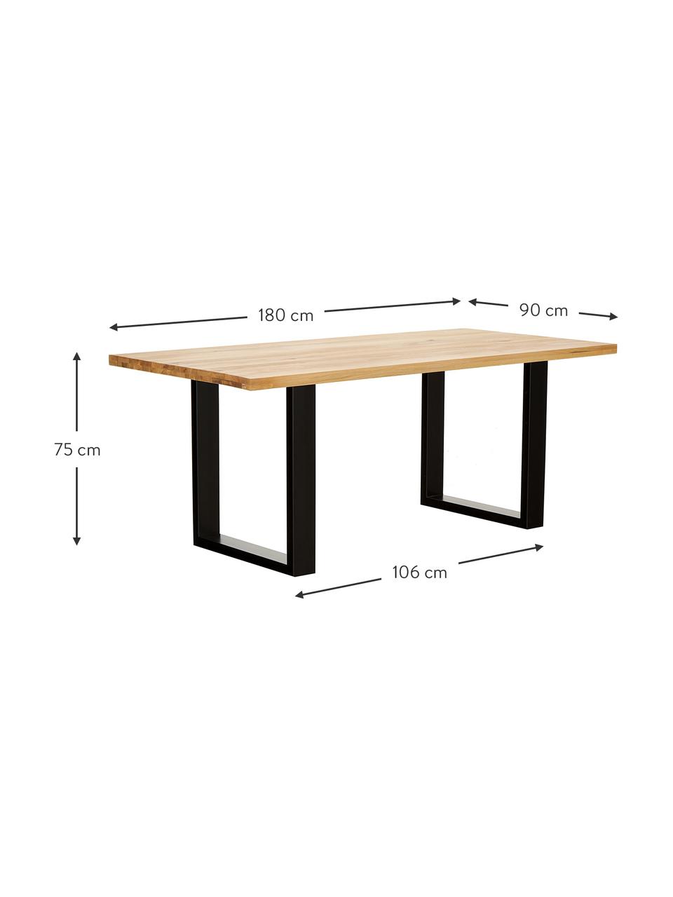 Eettafel Oliver met massief houten blad, Zitvlak: geolied massief wild eike, Poten: gepoedercoat metaal, Wild eiken, zwart, B 180 x D 90 cm