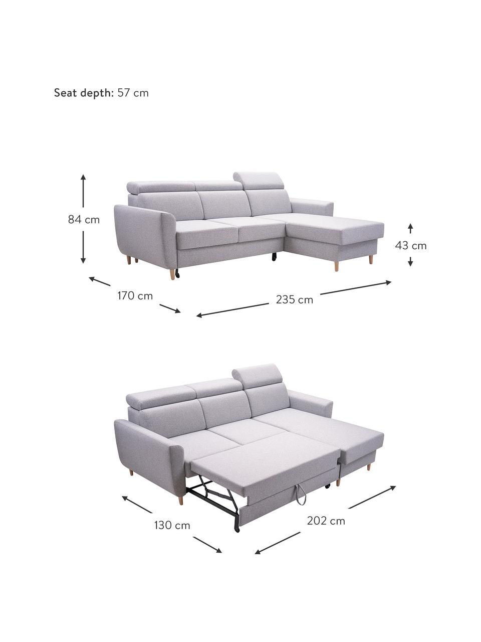 Sofá cama rinconero Gusto, con espacio de almacenamiento, Tapizado: 100% poliéster, Gris claro, An 235 x F 170 cm