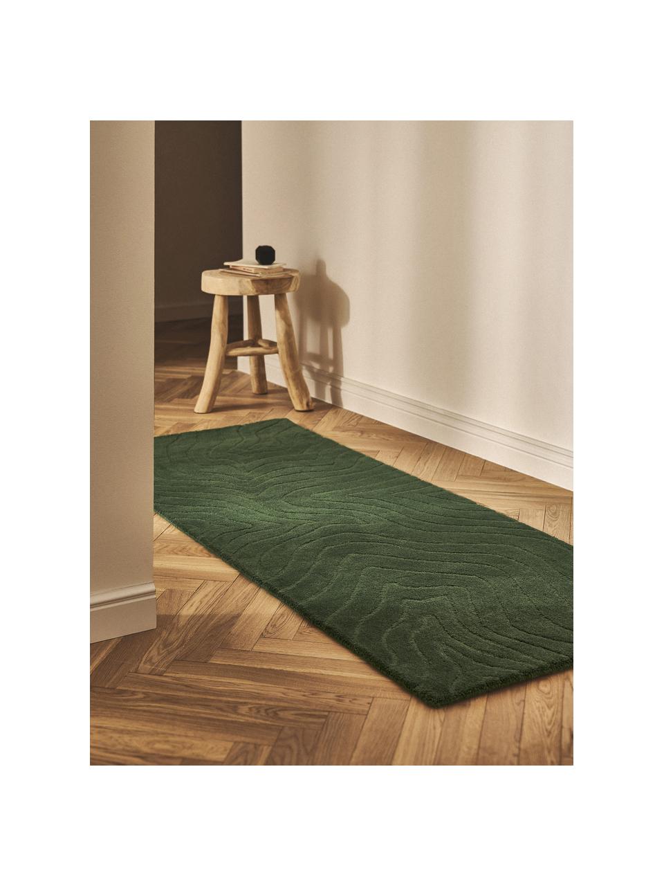 Tapis de couloir en laine tuftée main Aaron, Vert foncé, larg. 80 x long. 250 cm