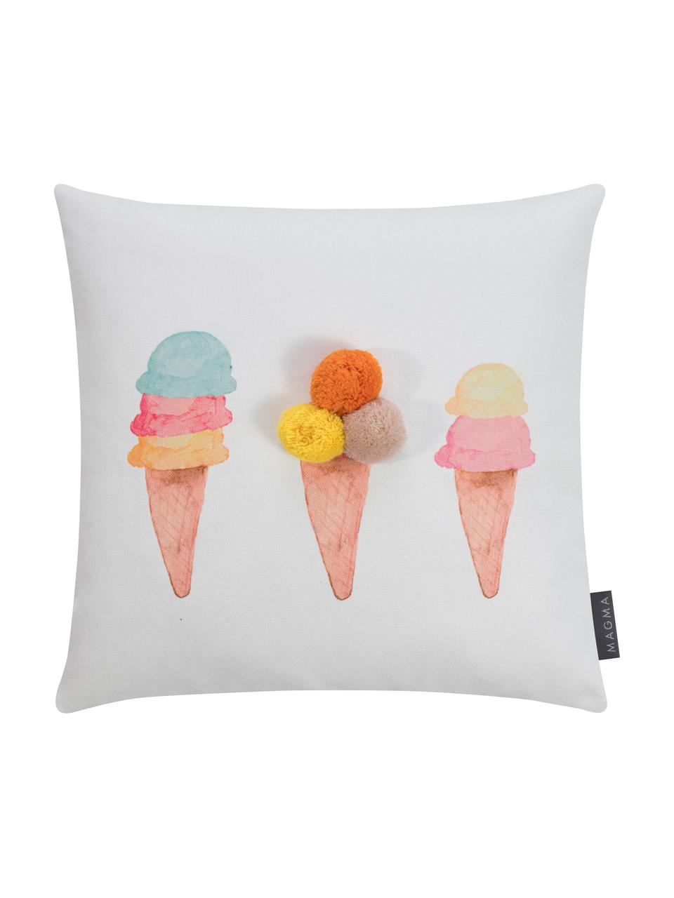 Kussenhoes Summerly met ijsmotieven en pompons, 100% polyester, Wit, multicolour, 40 x 40 cm