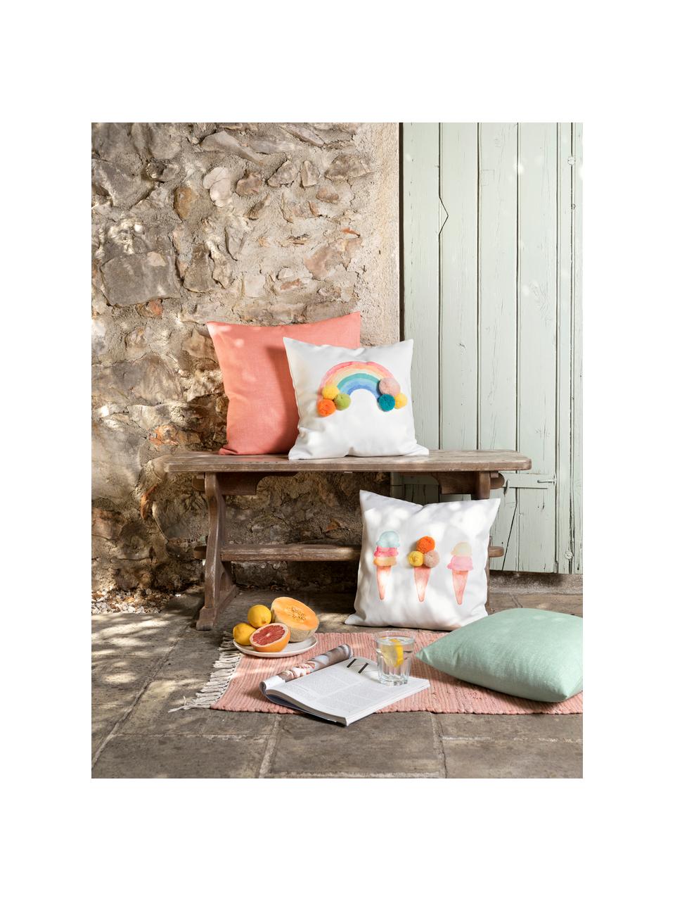 Kussenhoes Summerly met ijsmotieven en pompons, 100% polyester, Wit, multicolour, 40 x 40 cm